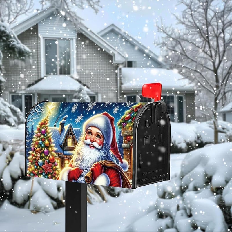 VBXNT Store Cartoon Santa Claus themed mailbox cover, magnetic waterproof mailbox packaging 18x21 inches standard size, snow oxford cloth mailbox decoration for Christmas, Thanksgiving, winter outdoor garden - Image 2